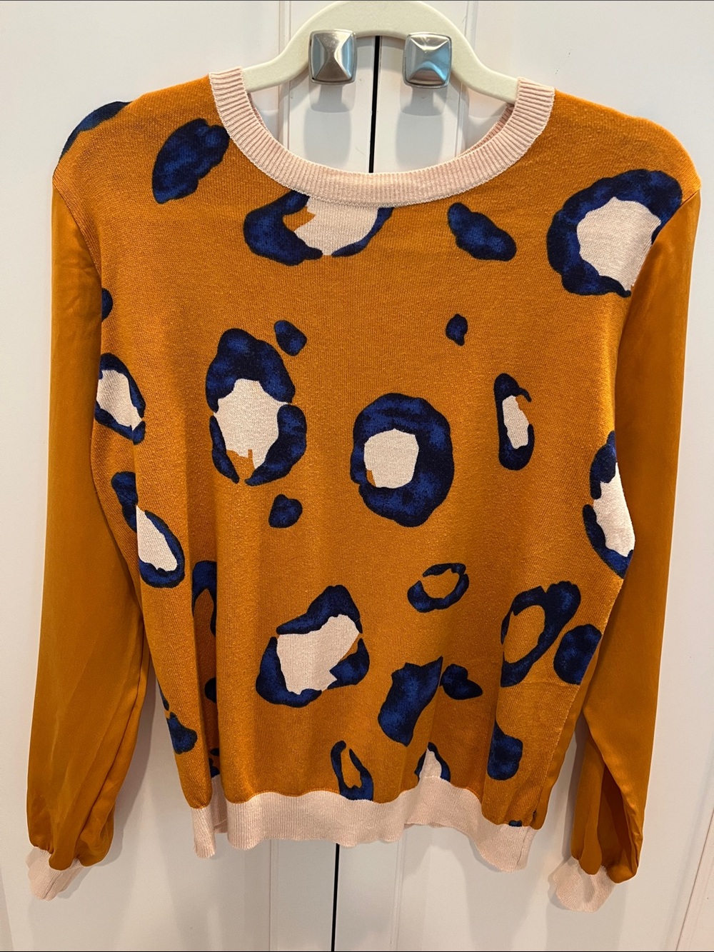Phillip Lim Mustard Leopard Print Crewneck Sweater with Navy & Cream Accents